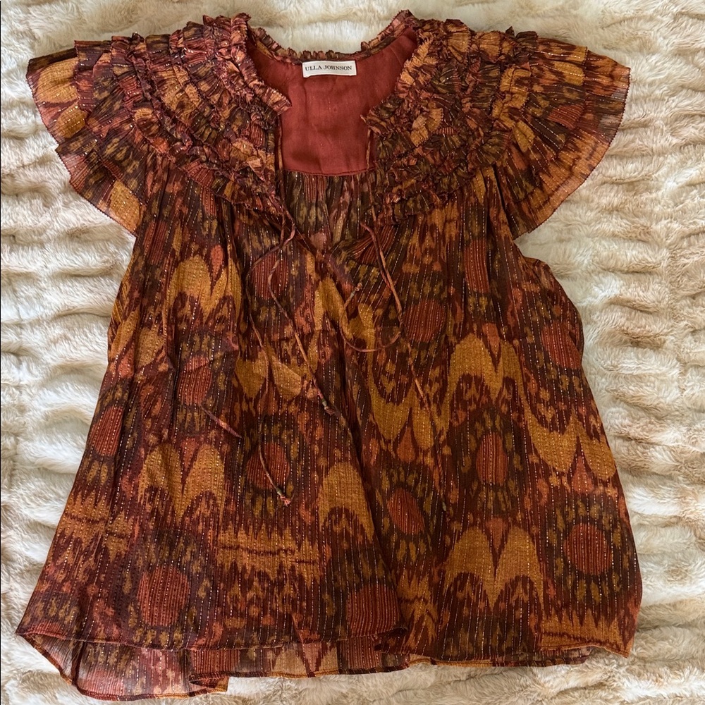 Ulla Johnson Rust and Mustard Ruffled Silk Tunic